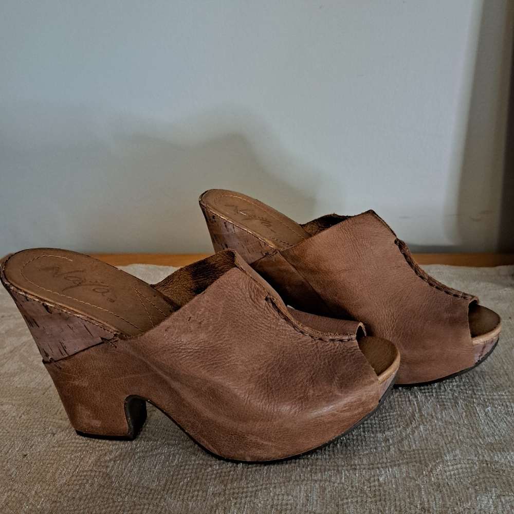 Leather Peep-Toe Clog Heels in Brown
